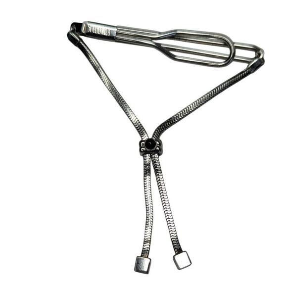 Vintage Swank Silver bolo style slide chain tie bar clip with black stone - Picture 2 of 6